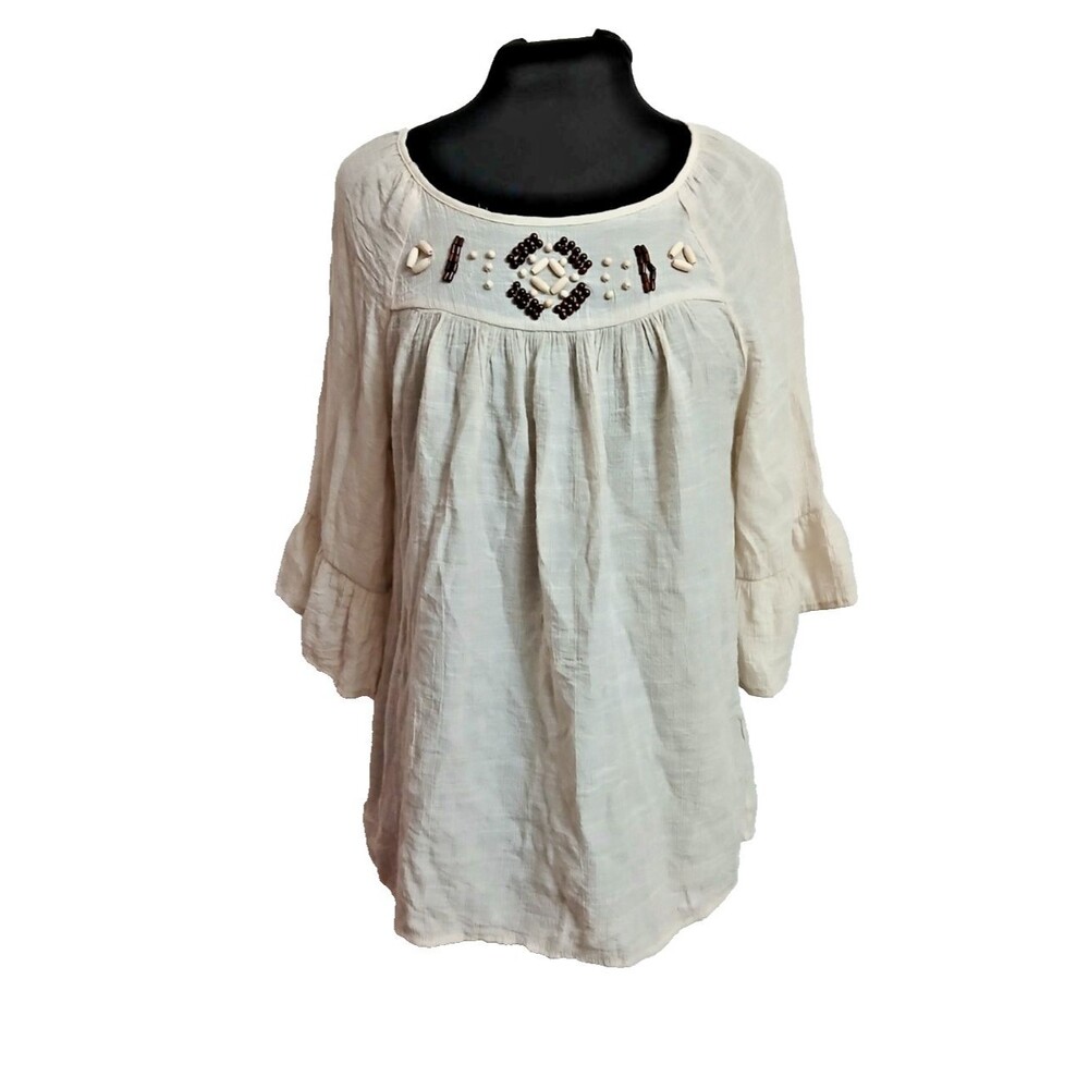 Zac & Rachel Peasant Top Gauzy Pullover Beaded Bodice Ruffle Sleeve Boho